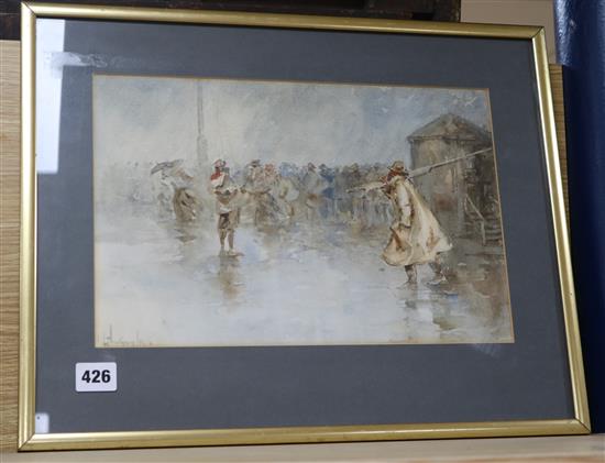 Lance Thackeray (1869-1916), watercolour, Fishermen on the wharf, signed and dated 98, 23 x 35cm.